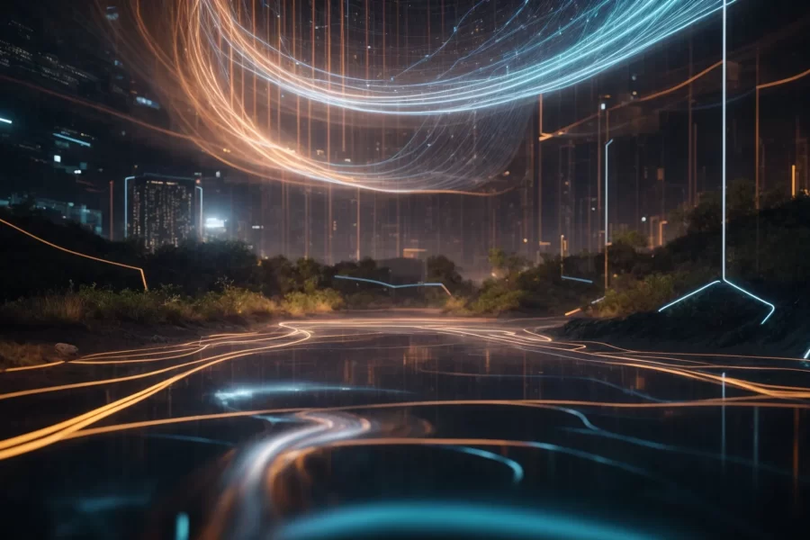a futuristic digital landscape showcases a luminous, flowing network of interconnected data streams, symbolizing the complex inner workings of large language models.